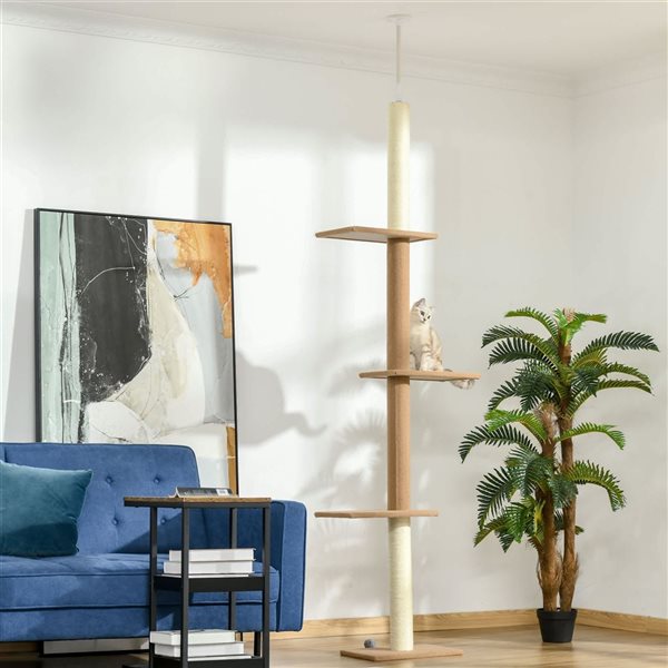 PawHut Floor-to-Ceiling 100-in Brown Particleboard Sisal 3-Perch Activity Center Cat Tree