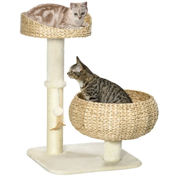 PawHut 28-in Beige Particleboard Sisal Condo with Double Beds Cat Tree
