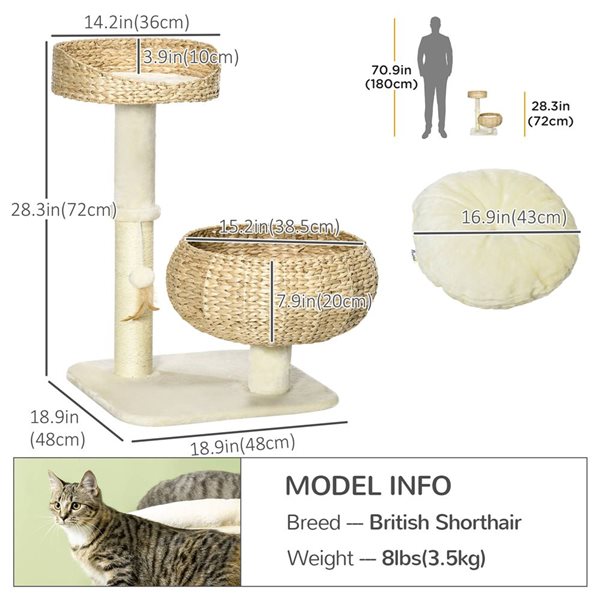 PawHut 28-in Beige Particleboard Sisal Condo with Double Beds Cat Tree