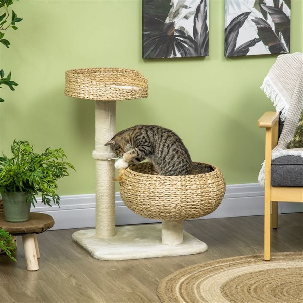 PawHut 28-in Beige Particleboard Sisal Condo with Double Beds Cat Tree