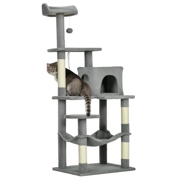 PawHut Tall 57-in Light Grey Particleboard Sisal Multi-Level Condo with Hammock & Bed Cat Tree