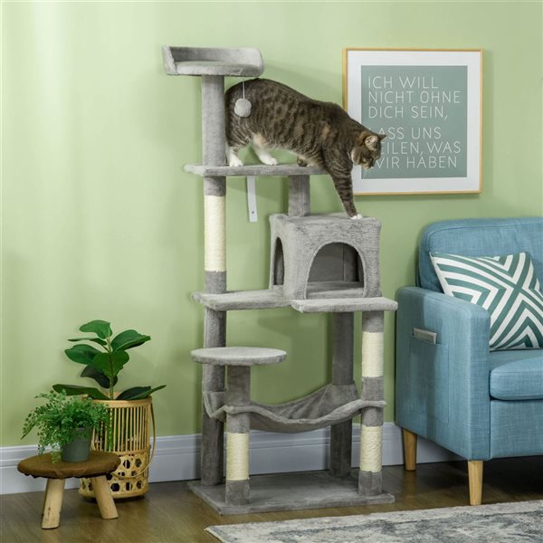 PawHut Tall 57-in Light Grey Particleboard Sisal Multi-Level Condo with Hammock & Bed Cat Tree