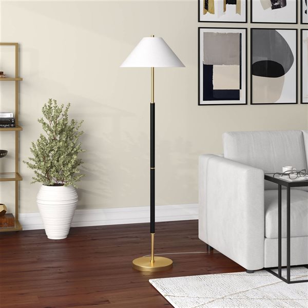 Hailey Home Simona Matte Black/Gold 2-Light Floor Lamp with Fabric Shade