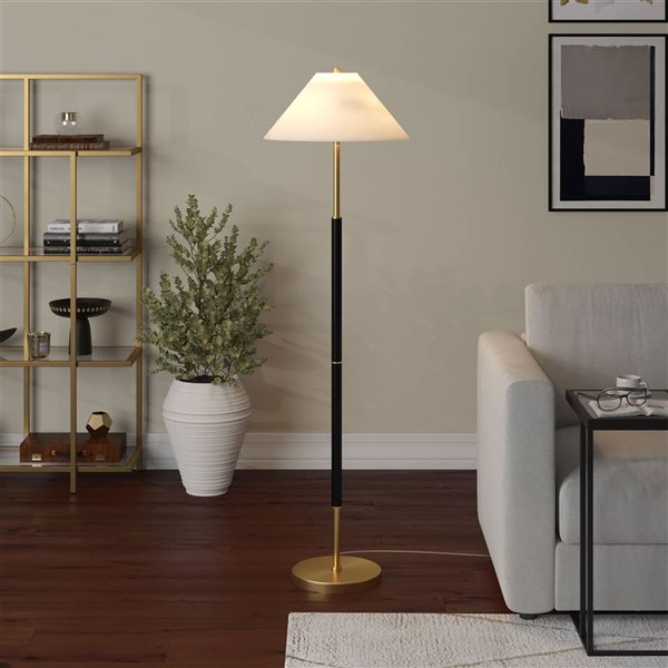 Hailey Home Simona Matte Black/Gold 2-Light Floor Lamp with Fabric Shade