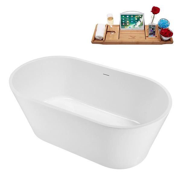Streamline 59-in Freestanding Oval Soaking Tub w/ Glossy White Drain - Glossy White