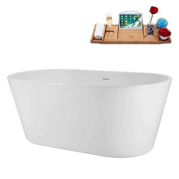 Streamline 59-in Freestanding Oval Soaking Tub w/ Glossy White Drain - Glossy White