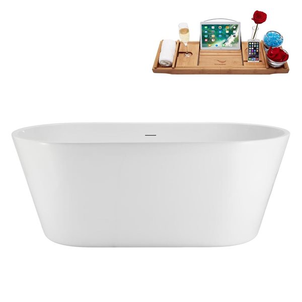 Streamline 59-in Freestanding Oval Soaking Tub w/ Polished Chrome Drain - Glossy White