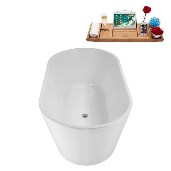 Streamline 59-in Freestanding Oval Soaking Tub w/ Polished Chrome Drain - Glossy White