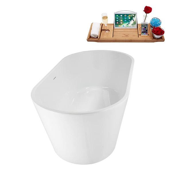 Streamline 59-in Freestanding Oval Soaking Tub w/ Polished Chrome Drain - Glossy White