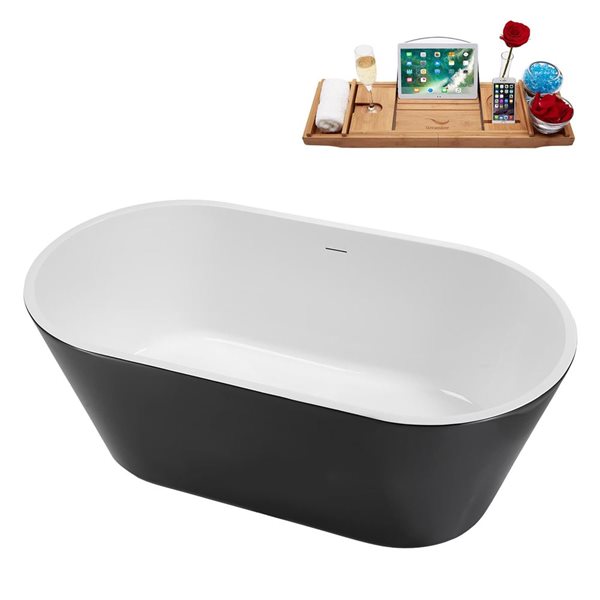 Streamline 59-in Freestanding Oval Soaking Tub w/ Matte Black Drain - Glossy Black