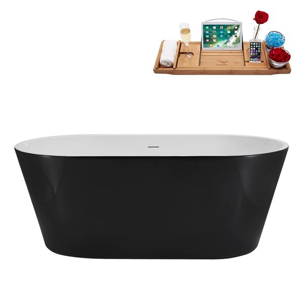 Streamline 59-in Freestanding Oval Soaking Tub w/ Polished Brass Drain - Glossy Black
