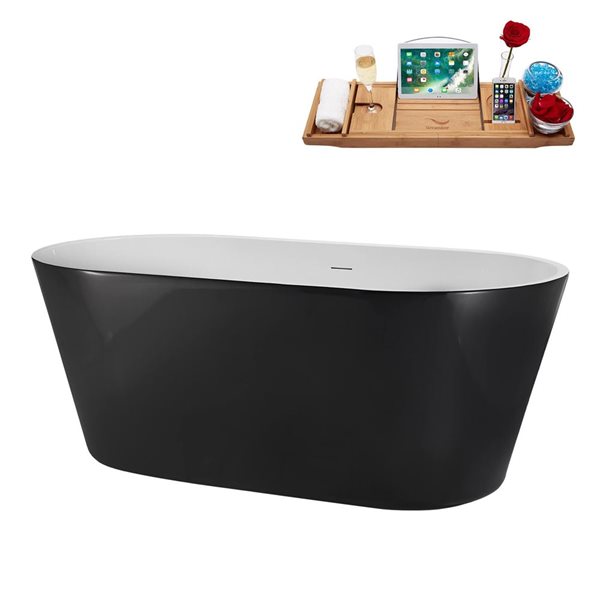 Streamline 59-in Freestanding Oval Soaking Tub w/ Polished Brass Drain - Glossy Black