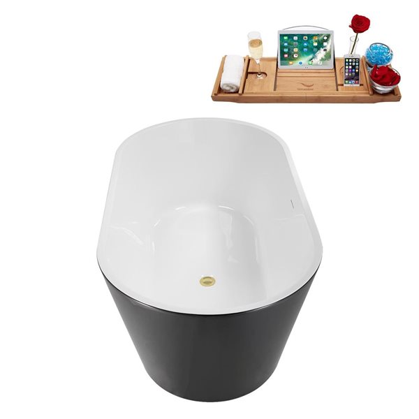 Streamline 59-in Freestanding Oval Soaking Tub w/ Polished Brass Drain - Glossy Black