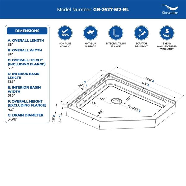 Streamline 36 x 36-in Corner Acrylic Shower Base in Glossy Black With Corner Drain
