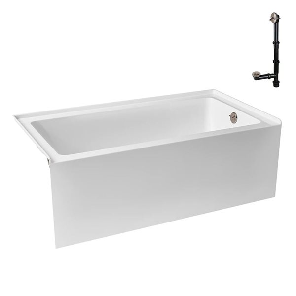 Streamline 60 x 30-in Acrylic Right-Hand Drain Alcove Bathtub Glossy White with Brushed Nickel External Drain