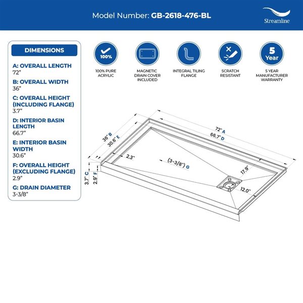 Streamline 72 x 36-in Alcove Acrylic Shower Base in Glossy Black With Right Drain