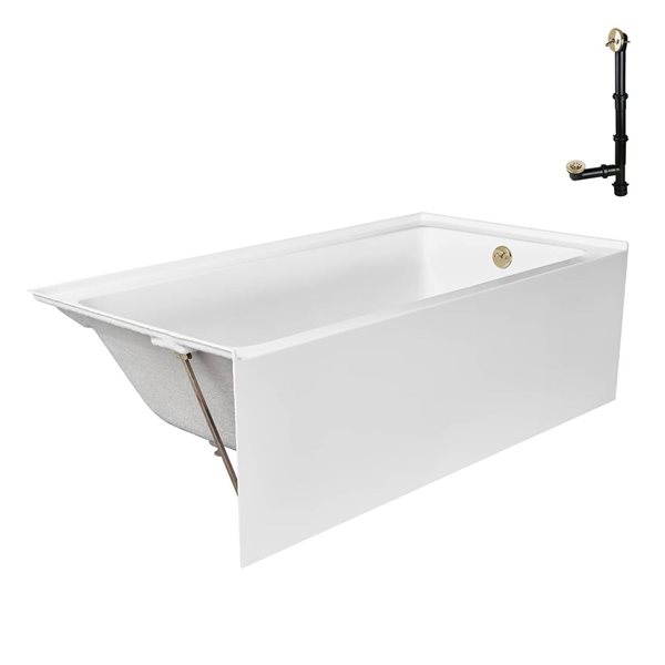 Streamline 66 x 32-in Acrylic Right-Hand Drain Alcove Bathtub Glossy White with Polished Brass External Drain