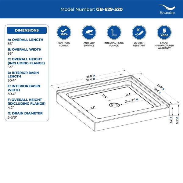 Streamline 36 x 36-in Corner Acrylic Shower Base in Glossy White With Center Drain