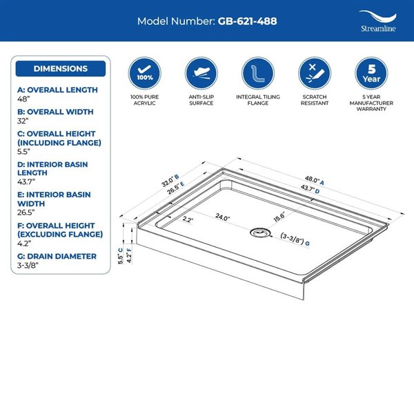 Streamline 48 x 32-in Alcove Acrylic Shower Base in Glossy White With Center Drain