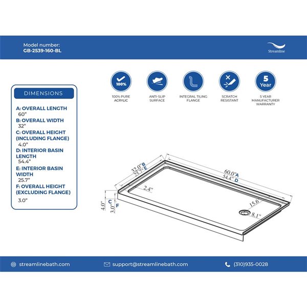 Streamline 60 x 32-in Alcove Acrylic Shower Base in Glossy Black With Right Drain