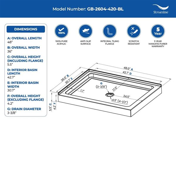 Streamline 48 x 36-in Corner Acrylic Shower Base in Glossy Black With Center Drain