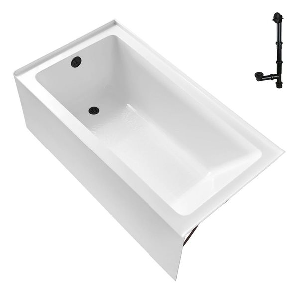 Streamline 60 x 30-in Acrylic Left-Hand Drain Alcove Bathtub in Glossy White with Matte Black External Drain