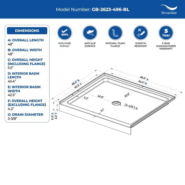 Streamline 48 x 48 Alcove Acrylic Shower Base in Glossy Black With Center Drain