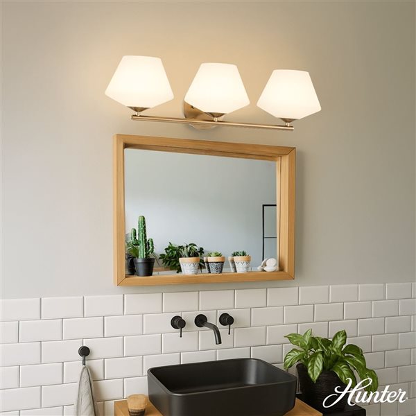 Hunter Celestial Valley 3-Light Bathroom Vanity Wall Sconce w/ White Glass - Alturas Gold