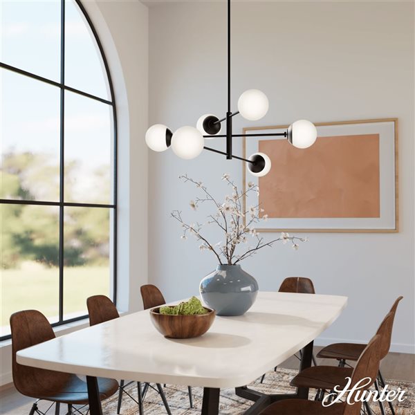 Hunter Hepburn 6-Light Ceiling Light w/ White Glass - Matte Black
