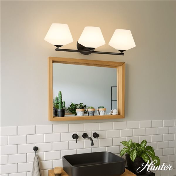 Hunter Celestial Valley 3-Light Bathroom Vanity Wall Sconce w/ White Glass - Matte Black