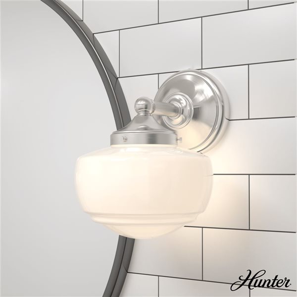 Hunter Saddle Creek 1-Light Wall Sconce w/ White Glass - Brushed Nickel