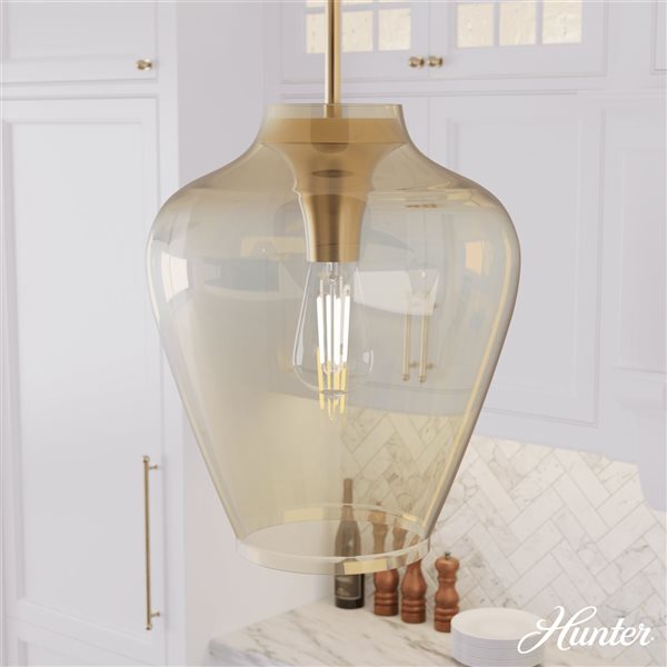 Hunter Vidria 1-Light Pendant Light w/ Amber Iridescent Glass - Alturas Gold