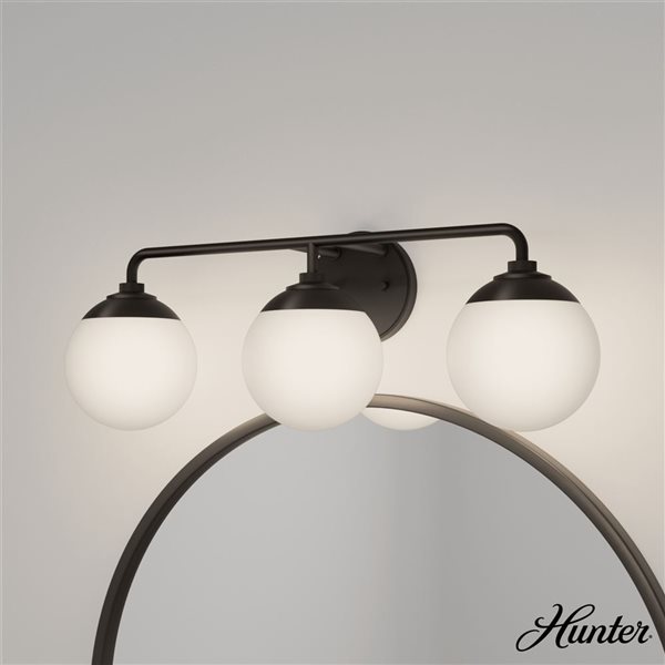 Hunter Hepburn 3-Light Bathroom Vanity Wall Light w/ White Glass - Matte Black