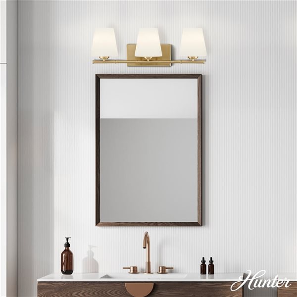 Hunter Fauna Grove 3-Light Bathroom Vanity Wall Sconce w/ White Glass - Alturas Gold