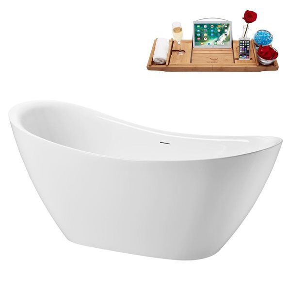 Streamline 28.3 x 55-in Soaking Glossy White Freestanding Tub with Matte Black Internal Drain