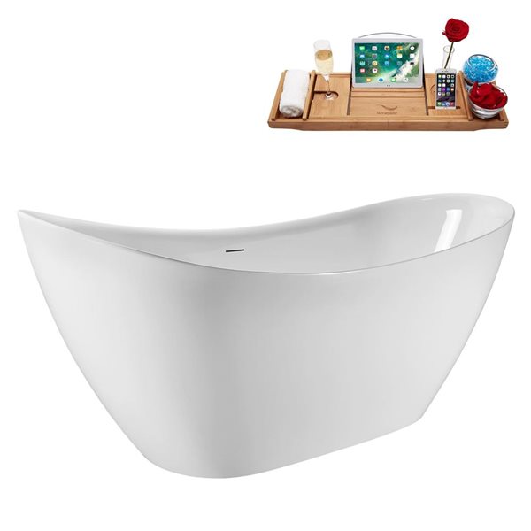Streamline 28.3 x 55-in Soaking Glossy White Freestanding Tub with Brushed Brass Internal Drain