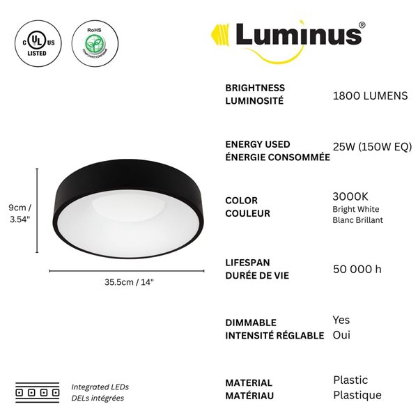 Luminus Ava 14-in LED Integrated Flush Mount Dimmable Ceiling Lights - Black - 3/Pk