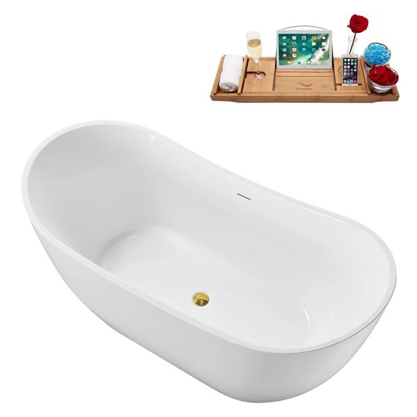 Streamline 59 x 29.5-in Soaking Glossy White Acrylic Oval Freestanding Tub with Polished Gold Internal Drain