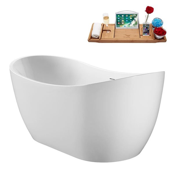 Streamline 59 x 29.5-in Soaking Glossy White Acrylic Oval Freestanding Tub with Brushed Gold Internal Drain
