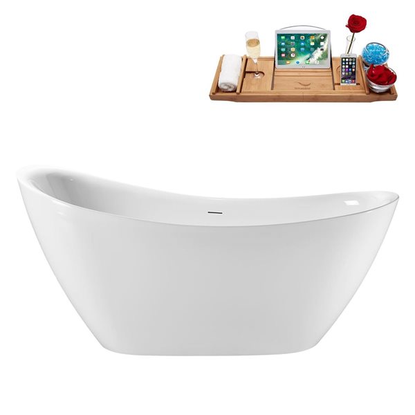 Streamline 63 x 29.5-in Soaking Glossy White Acrylic Oval Freestanding Tub with Matte Oil Rubbed Bronze Internal Drain