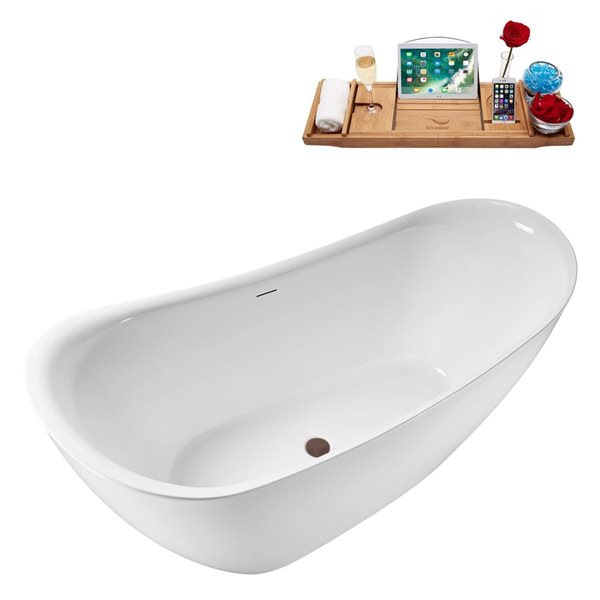 Streamline 63 x 29.5-in Soaking Glossy White Acrylic Oval Freestanding Tub with Matte Oil Rubbed Bronze Internal Drain