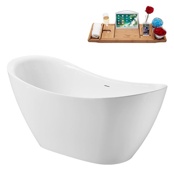 Streamline 63 x 29.5-in Soaking Glossy White Acrylic Oval Freestanding Tub with Matte Oil Rubbed Bronze Internal Drain