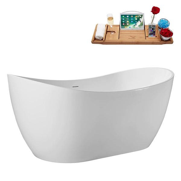 Streamline 55 x 28.3-in Soaking Glossy White Acrylic Oval Freestanding Tub with Polished Chrome Internal Drain
