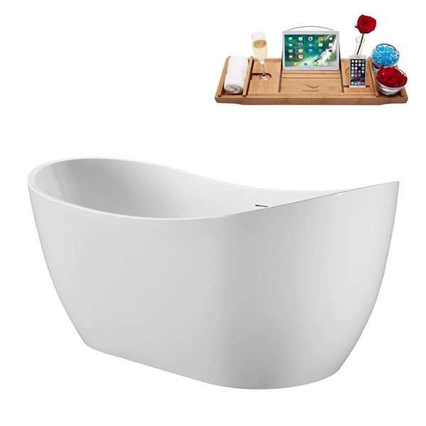 Streamline 55 x 28.3-in Soaking Glossy White Acrylic Oval Freestanding Tub with Polished Chrome Internal Drain