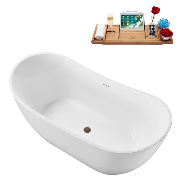 Streamline 63 x 31.5-in Soaking Glossy White Acrylic Oval Freestanding Tub with Matte Oil Rubbed Bronze Internal Drain