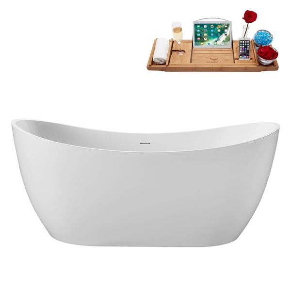 Streamline 59 x 29.5-in Soaking Glossy White Acrylic Oval Freestanding Tub with Glossy White Internal Drain