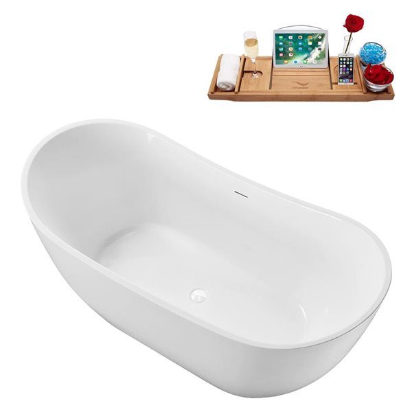 Streamline 59 x 29.5-in Soaking Glossy White Acrylic Oval Freestanding Tub with Glossy White Internal Drain