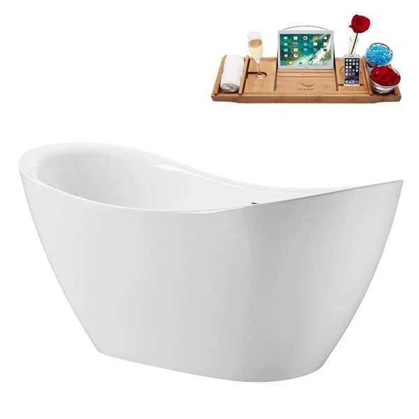 Streamline 63 x 29.5-in Soaking Glossy White Acrylic Oval Freestanding Tub with Polished Brass Internal Drain