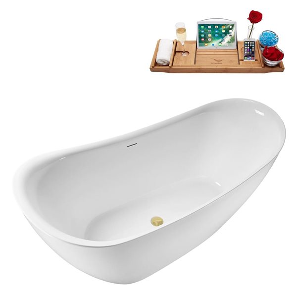 Streamline 63 x 29.5-in Soaking Glossy White Acrylic Oval Freestanding Tub with Polished Brass Internal Drain
