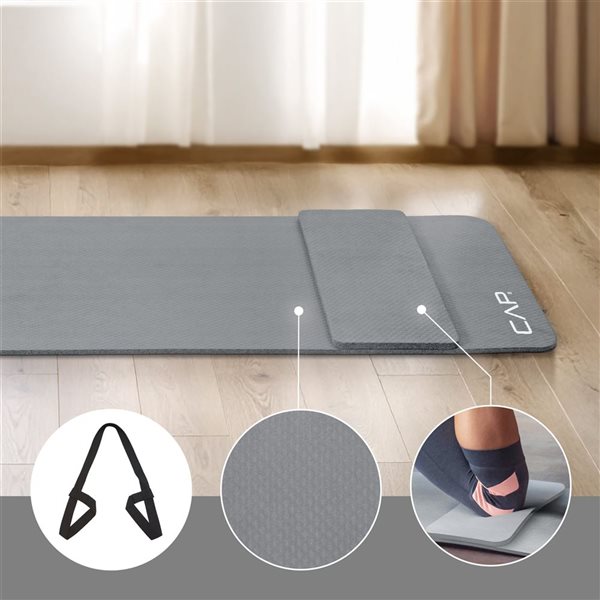 CAP Barbell 1/2-in High Density Rubber Exercise Yoga Mat with Strap and Knee Pad - Grey